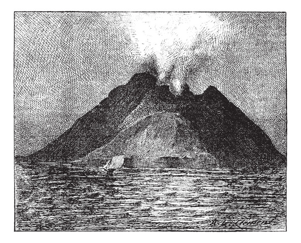 Purkautuva tulivuori, Stromboli, Italia, vuosikerta kaiverrus
. - Vektori, kuva
