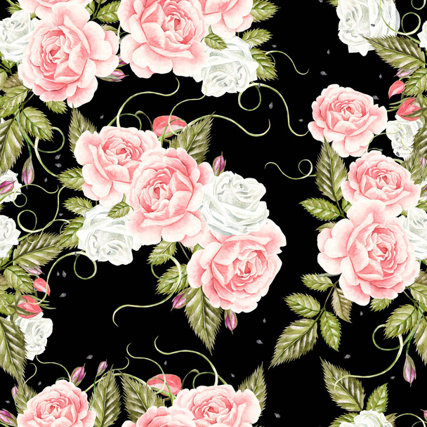 Seamless pattern with watercolor flowers. Rose. Hand drawn.  - Фото, изображение