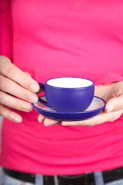 Coffe copo azul no fundo rosa
 - Foto, Imagem