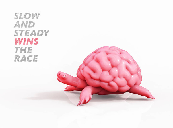 Slow en steady wint de race. Schildpad hersenen 3d illustratie - Foto, afbeelding