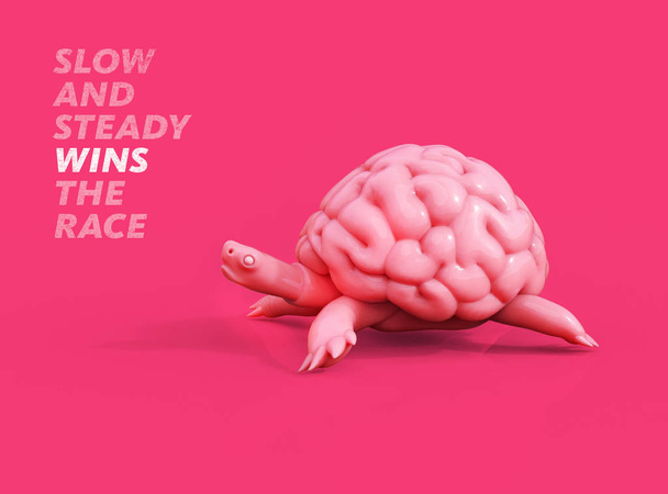 Pomalé a stabilní vyhraje závod. Želví mozku 3d ilustrace - Fotografie, Obrázek