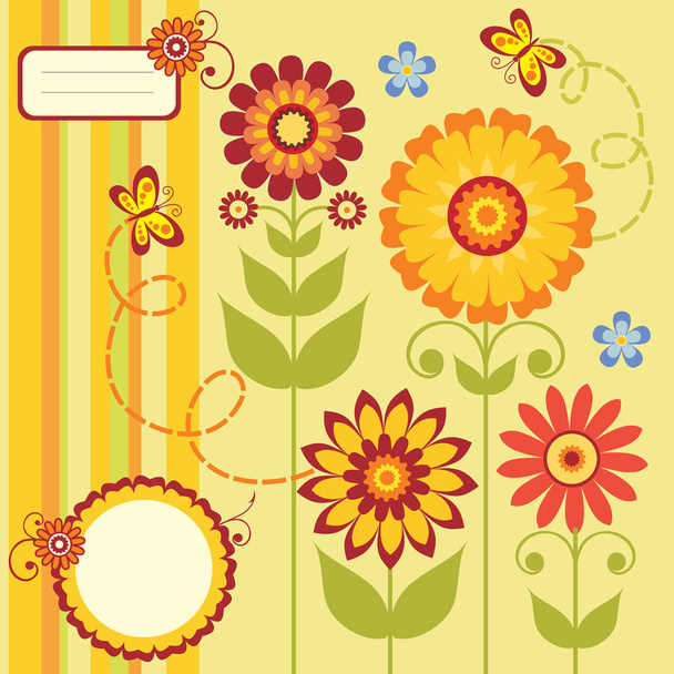 Cartoon vector card with flowers in bright colors - Vektor, Bild