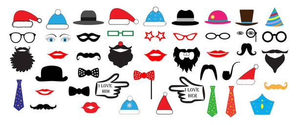 Retro kerstfeest instellen. Brillen, hoeden, lippen, snorren, maskers - voor ontwerp, foto stand in vector, illustratie - Vector, afbeelding