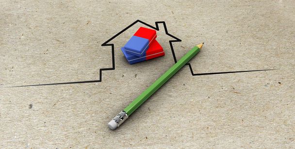 3D-Illustration des Immobilienmaklers mit Bleistift und Radiergummi-Modell, Papierhintergrund - Foto, Bild