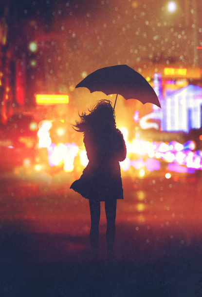 mulher solitária com guarda-chuva na cidade noite
 - Foto, Imagem
