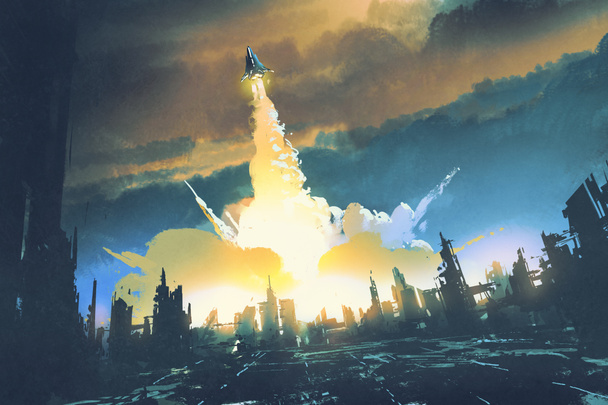 lanzamiento de cohetes despegar de una ciudad abandonada
 - Foto, imagen
