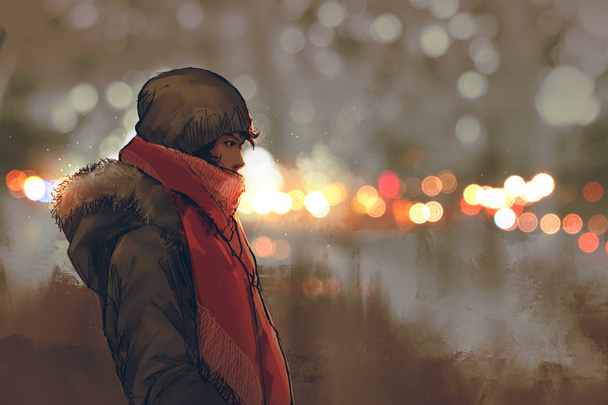 retrato al aire libre del joven en invierno con luz bokeh
 - Foto, Imagen