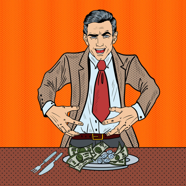 Pop Art Rich Greedy Businessman Eating Money on the Plate. Vector illustration - Vector, Image