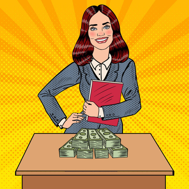 お金をテーブルの後ろのビジネス女性立ち笑みを浮かべてポップアートします。ベクトル図 - ベクター画像