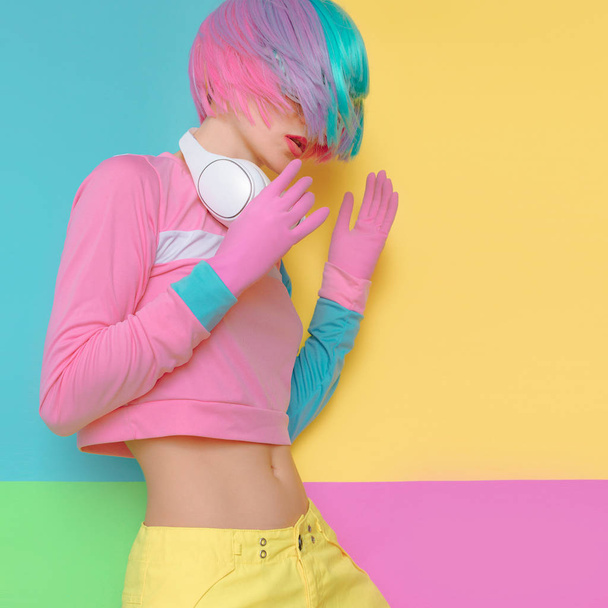 Minimal fashion Pop Art. Vanilla color. Playful girl DJ. Doll st - Foto, Imagem