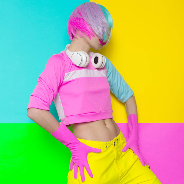 Minimal fashion Pop Art. Vanilla pastel colors. Girl DJ.  - Foto, afbeelding
