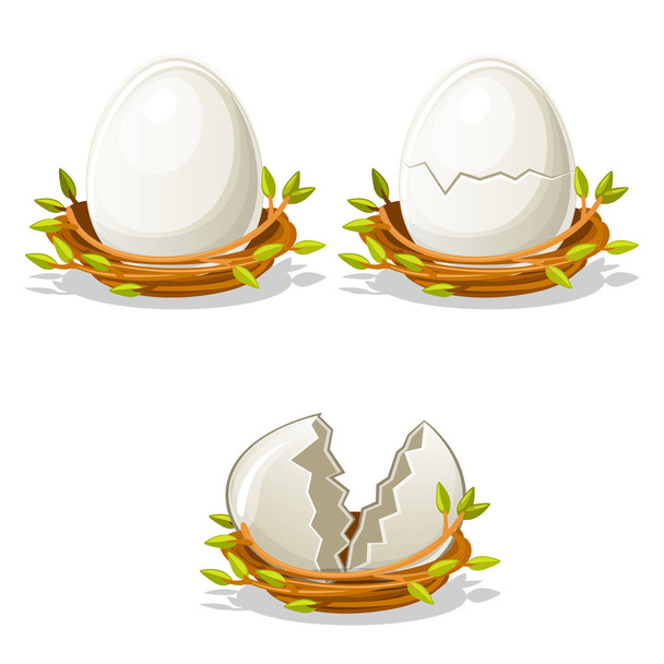Мультяшное смешное яйцо в птичьем гнезде из ветвей
 - Вектор,изображение