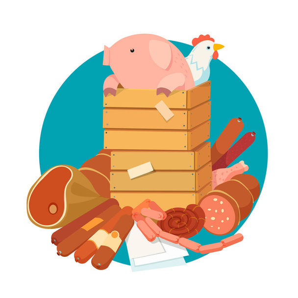 Porco e frango em caixa com salsichas
 - Vetor, Imagem
