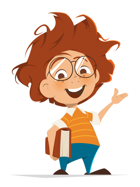 Niño de escuela con libro y gafas apuntando de la mano
 - Vector, Imagen