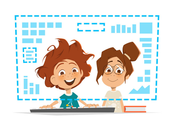 Two kids child sitting front computer monitor Online education - Vector, Image