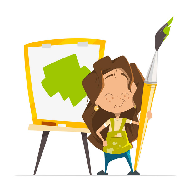Το χαριτωμένο μικρό κορίτσι ζωγραφική εικόνα κρατώντας πινέλο καβαλέτο - Διάνυσμα, εικόνα