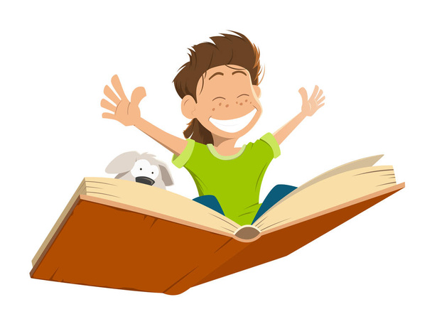 Sorriso feliz criança menino voando grande livro bonito cachorrinho
 - Vetor, Imagem