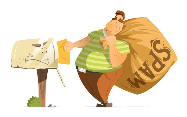 Spammer gordo del hombre con un saco grande de correos del Spam
 - Vector, imagen