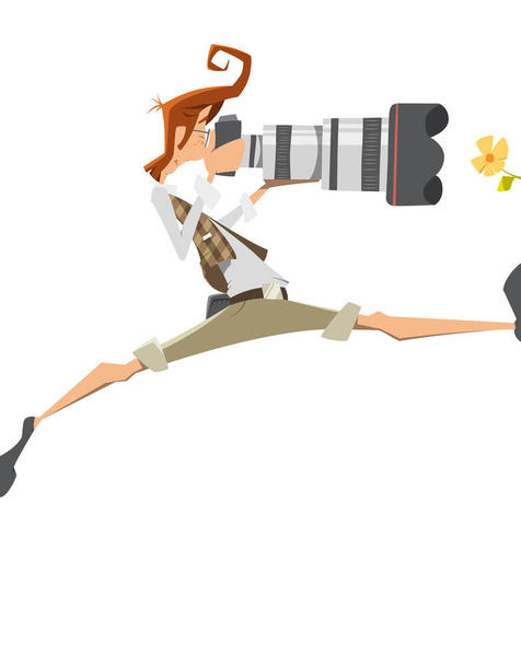 Молодой человек экстремальный профессиональный фотограф с большим объективом ок
 - Вектор,изображение