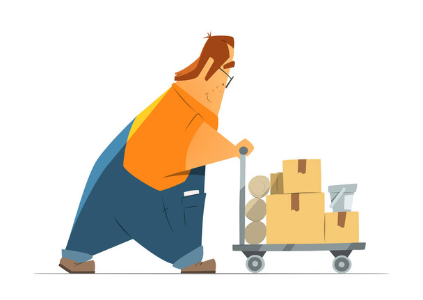 Man shopping in hardware store moving a cart buying goods. - Vector, Image