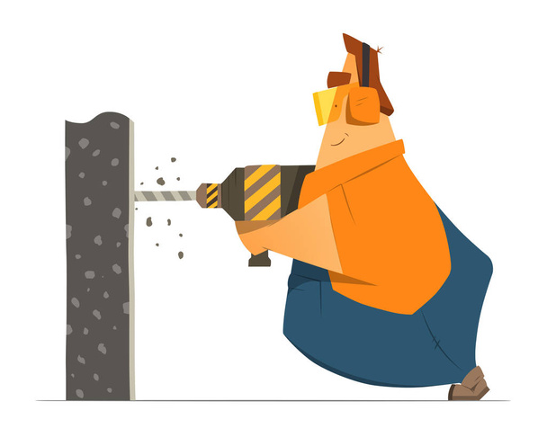 Fette Mann Reparaturarbeiter Arbeiter Bauarbeiter Bohren einer Wand mit Perforat - Vektor, Bild