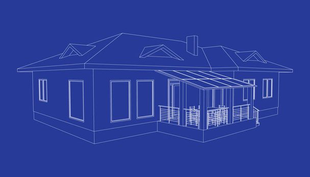 Costruire prospettiva 3D. Disegno della casa di periferia. contorni cottage su sfondo blu. Vettore prospettico modello House 3D. Progetto di cottage. EPS 10.  - Vettoriali, immagini