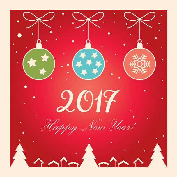 Happy New Year 2017 lettering greeting card with snow, reindeer, fir tree, sparkle, snowflakes. Christmas decoration. Winter Holiday poster. - Vector, Image