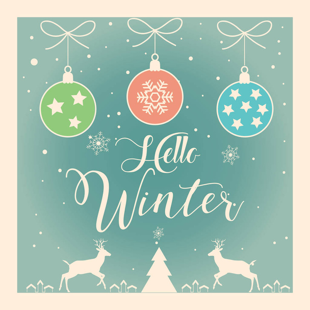 Helló, téli betű. Kalligráfia vektor Boldog karácsonyt és boldog új évet üdvözlő kártyák háttér hó, fenyő fa, csillogás, hópelyhek vintage elemek ikonok. Karácsonyi Retro dekoráció. Téli viktoriánus ünnep Vintage poszter 2022 - Vektor, kép