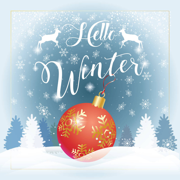 Helló, téli betű. Kalligráfia vektor Boldog karácsonyt és boldog új évet üdvözlő kártyák háttér hó, fenyő fa, csillogás, hópelyhek 3D dekoratív elemek ikonok. Karácsonyi dekoráció. Téli ünnep plakát sablon meghívó tábla banner - Vektor, kép