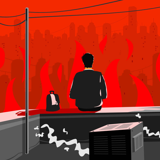 Homem Senta-se no Telhado e Fre no Cty
 - Vetor, Imagem