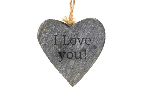 Geïsoleerde houten hart met de woorden ik hou van je - Foto, afbeelding