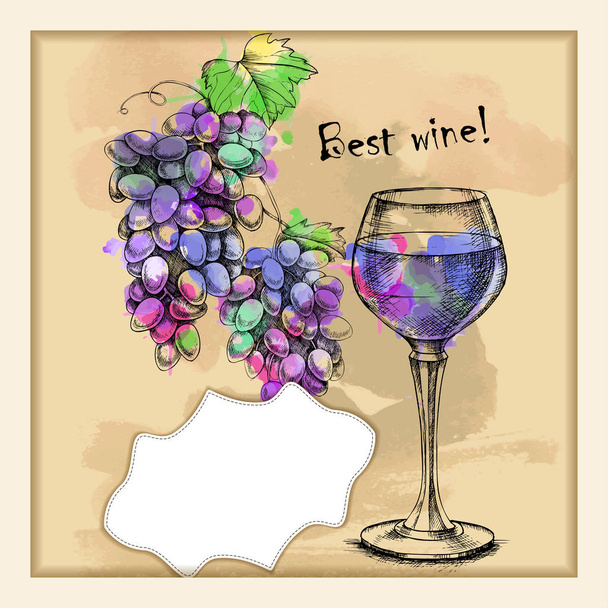 Card with sketch grapes, wine - Вектор, зображення