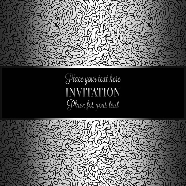 Абстрактный фон с роскошным металлическим серебром с местом для текста винтажной трактовки из перьев, дамасских цветочных орнаментов, пригласительная открытка, модный узор
 - Вектор,изображение