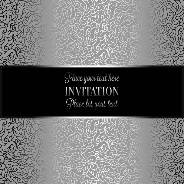 Abstract background with luxury metal silver with place for text vintage tracery made of feathers, damask floral wallpaper ornaments, invitation card, fashion pattern - Vector, Image