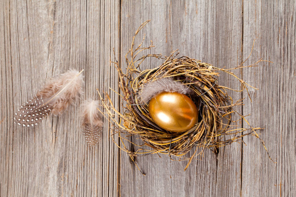 Golden egg in nest on dark vintage wooden background - Фото, изображение