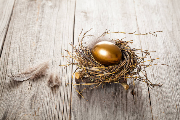 Golden egg in nest on dark vintage wooden background - Foto, Imagen