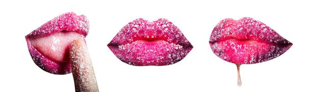 Sweet set of sugary lips collage design isolated on black background. Girl's mouth with sugar and finger nicely manicured. Closeup on female sugar lips scrub - Photo, Image