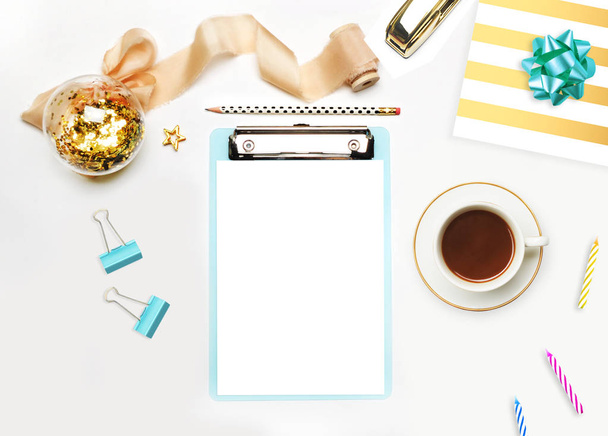 Mockup planner flat lay. Accessory on the table. View top. White background, still life. Events and party desktop. Feminine scene. - Photo, Image