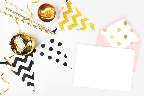 Party background. Decor table view. Flat Lay. Party mockup. Gold items - Photo, Image