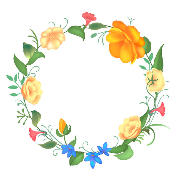 Postcard with a round frame of flowers. Vector illustration - Vector, imagen