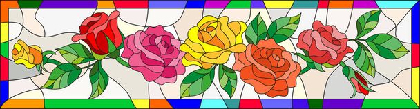 Illustration in stained glass style with flowers and leaves of  rose in a bright frame - Vector, Image