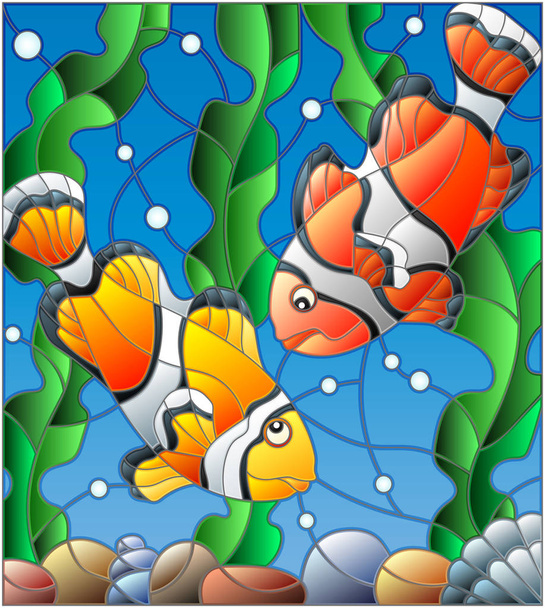 Illustration in stained glass style with a pair of clown fish on the background of water and algae - Vector, Image