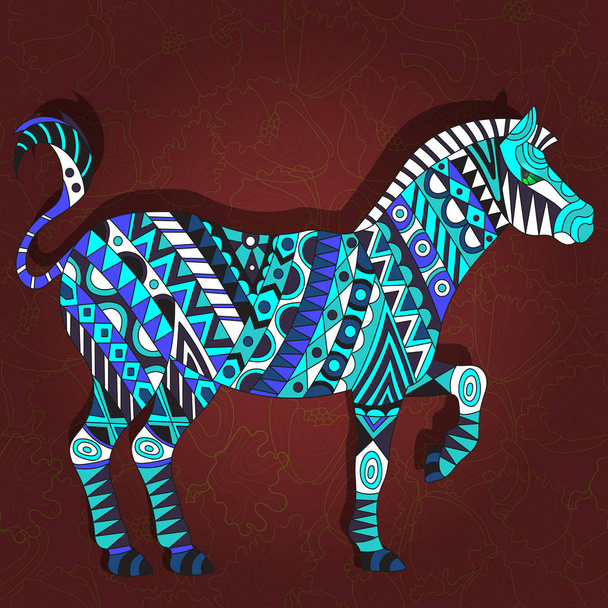 Illustration with abstract Zebra on a dark red floral background - Vector, Imagen
