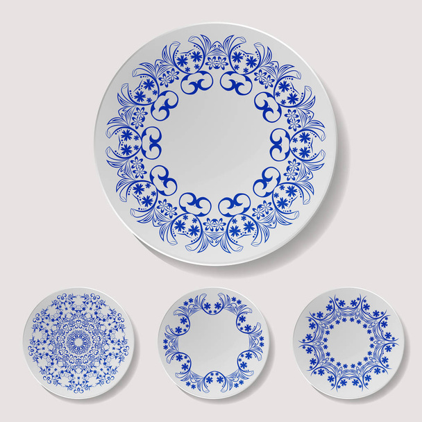 Realistic Plate Vector Set. Closeup Porcelain Tableware Isolated. Ceramic Kitchen Dish Top View. Cooking Template For Food Presentation. - Vector, Image