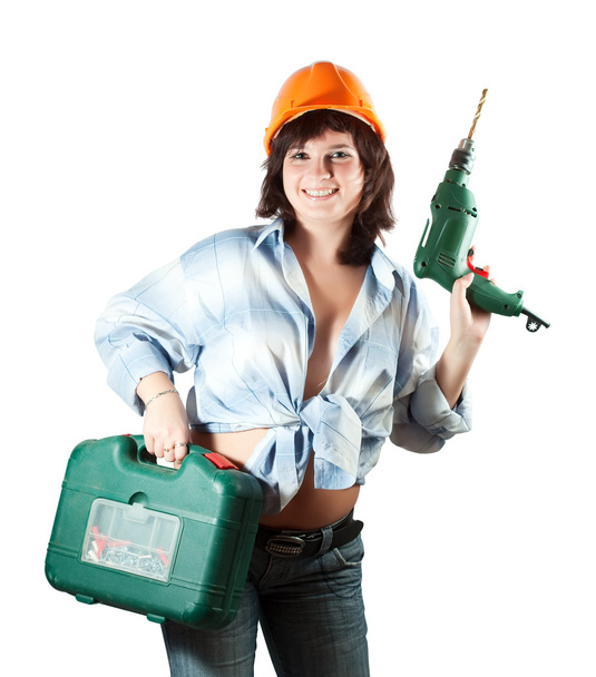 girl with tool box and drill - Zdjęcie, obraz