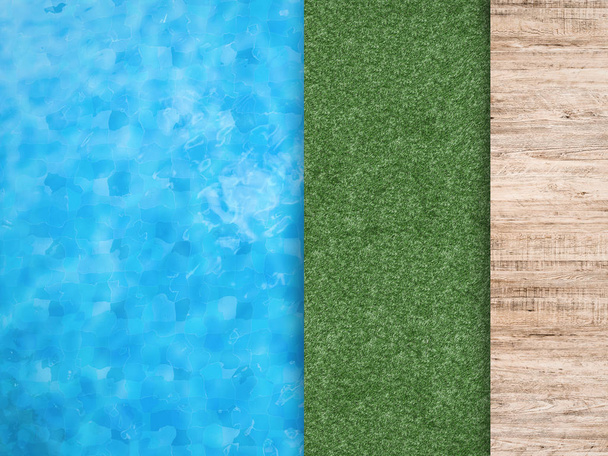 medence melletti zöld fű és fa padló - Fotó, kép