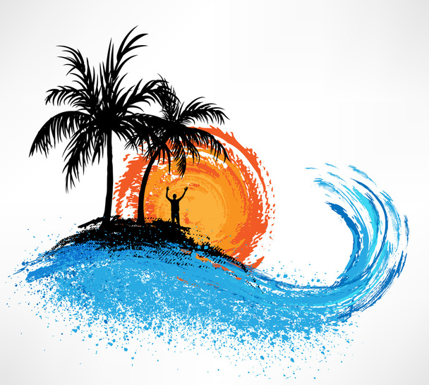 Palm trees and ocean wave. Sunset - Vector, imagen