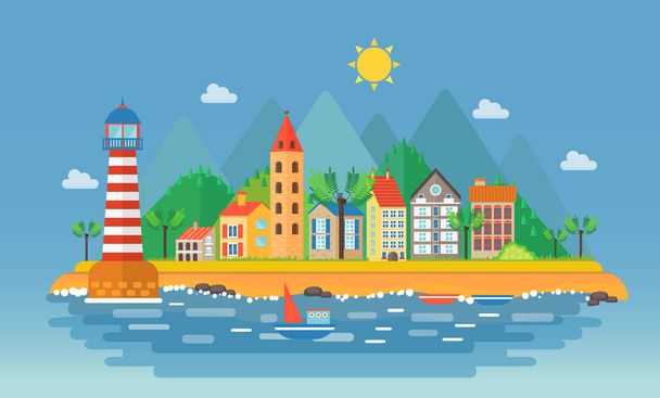 Small city urban landscape illustration. Cartoon cityscape on the mountains background near ocean sea beach. Harbor port village. - Vecteur, image