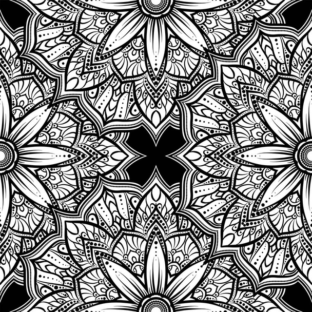 Vektor nahtlose Muster Mandala-Blume auf weißem Hintergrund. monochrom schwarz und. Kritzelspitze. Illustration. runde ornamentale geometrische Deckchenzeichnung - Vektor, Bild
