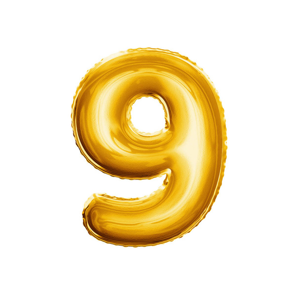 Balloon number 9 Nine 3D golden foil realistic alphabet - Φωτογραφία, εικόνα